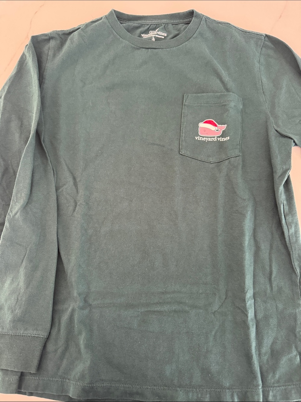 Vineyard Vines Dark Green Long-Sleeve Pocket Tee with Santa Whale Logo YL
